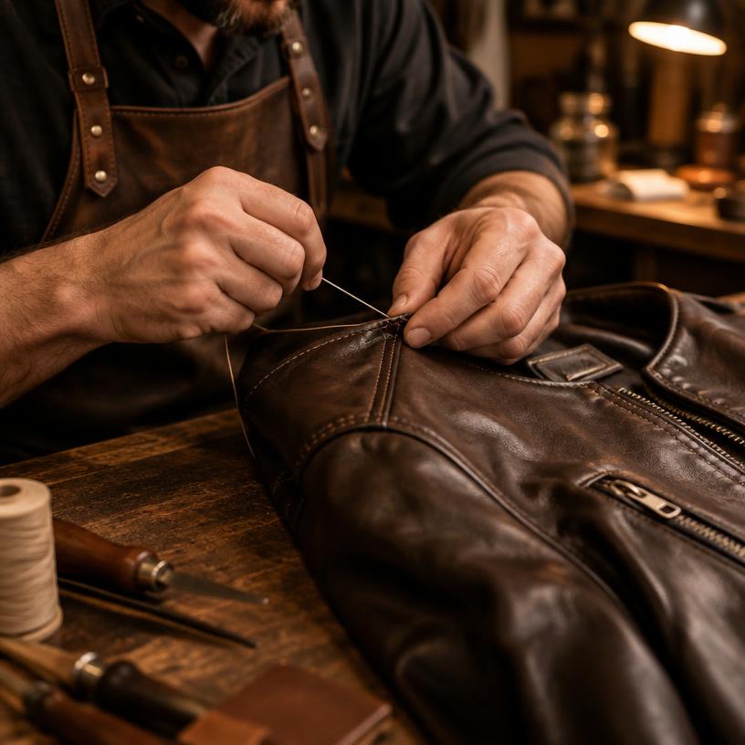 Craftsman stitching a leather jacket